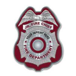 Imprinted Burgundy and Silver Seal Sticker Badge burgundy and silver sticker badge, seal firefighter badge, custom fire department badge, jr firefighter sticker, EMS community outreach, police department giveaways, kids fire safety items, fire prevention week handouts