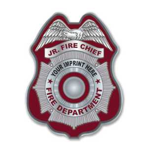 Imprinted Burgundy and Silver Seal Sticker Badge burgundy and silver sticker badge, seal firefighter badge, custom fire department badge, jr firefighter sticker, EMS community outreach, police department giveaways, kids fire safety items, fire prevention week handouts