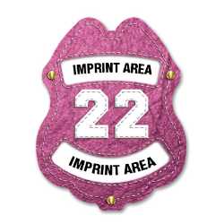 Imprinted Engine # Pink Sticker Badge imprinted fire engine badge, pink fire truck sticker, custom fire department badge, kids fire safety giveaway, EMS community outreach, police event giveaways, sticker badge for children, public education materials