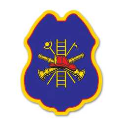 Imprinted FF Scramble Blue Sticker Badge firefighting, fire safety product, fire prevention, plastic fire badge, firefighting badge, custom badge, custom firefighter badge