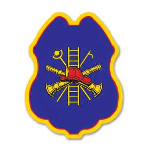 Imprinted FF Scramble Blue Sticker Badge firefighting, fire safety product, fire prevention, plastic fire badge, firefighting badge, custom badge, custom firefighter badge