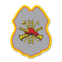 Imprinted FF Scramble Silver Sticker Badge firefighting, fire safety product, fire prevention, plastic fire badge, firefighting badge, custom badge, custom firefighter badge