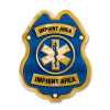 Imprinted Jr Paramedic Blue and Gold Sticker Badge imprinted jr paramedic badge, blue and gold EMS badge, custom paramedic sticker, kids EMS giveaway, fire department promotional items, police community outreach, emergency preparedness badge, sticker badge for children, public education materials