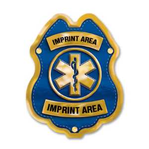 Imprinted Jr Paramedic Blue and Gold Sticker Badge imprinted jr paramedic badge, blue and gold EMS badge, custom paramedic sticker, kids EMS giveaway, fire department promotional items, police community outreach, emergency preparedness badge, sticker badge for children, public education materials
