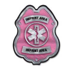 Imprinted Jr Paramedic Pink/Silver Plastic Clip-On Badge jr paramedic decal badge, pink silver EMS badge, imprinted EMS badge, fire department giveaways, EMS promotional items, police community outreach, kids safety handouts, sticker badge giveaway, public education materials