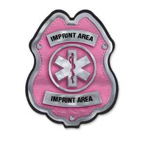 Imprinted Jr Paramedic Pink/Silver Plastic Clip-On Badge jr paramedic decal badge, pink silver EMS badge, imprinted EMS badge, fire department giveaways, EMS promotional items, police community outreach, kids safety handouts, sticker badge giveaway, public education materials