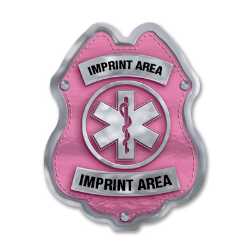 Imprinted Jr Paramedic Pink and Silver Sticker Badge imprinted jr paramedic badge, pink EMS badge, silver paramedic sticker, custom EMS giveaway, fire department promotional items, police community outreach, emergency preparedness badge, sticker badge for children, public education materials