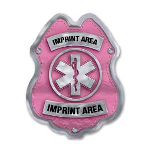Imprinted Jr Paramedic Pink and Silver Sticker Badge imprinted jr paramedic badge, pink EMS badge, silver paramedic sticker, custom EMS giveaway, fire department promotional items, police community outreach, emergency preparedness badge, sticker badge for children, public education materials