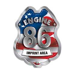 Imprinted Patriotic Engine Number/Text Sticker Badge firefighting, fire safety product, fire prevention, plastic fire badge, firefighting badge, custom badge, custom firefighter badge, patriotic badge