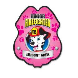 Imprinted Pink Dalmatian Plastic Clip-On Badge pink dalmatian decal badge, imprinted firefighter badge, fire safety giveaways, fire department promotional items, EMS community outreach, police safety events, kids sticker badge, public education materials