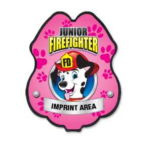 Imprinted Pink Dalmatian Plastic Clip-On Badge pink dalmatian decal badge, imprinted firefighter badge, fire safety giveaways, fire department promotional items, EMS community outreach, police safety events, kids sticker badge, public education materials