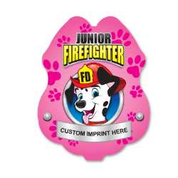 Imprinted Pink Dalmatian Sticker Badge imprinted dalmatian badge, pink fire pup sticker, custom fire department badge, kids fire safety giveaway, EMS community outreach, police event giveaways, sticker badge for children, public education materials