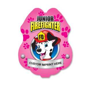 Imprinted Pink Dalmatian Sticker Badge imprinted dalmatian badge, pink fire pup sticker, custom fire department badge, kids fire safety giveaway, EMS community outreach, police event giveaways, sticker badge for children, public education materials