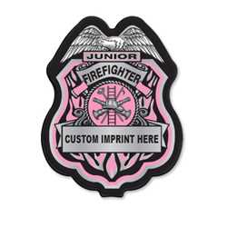 Imprinted Pink/Silver Jr Firefighter Plastic Clip-On Badge 