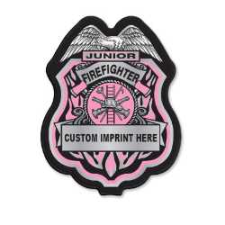 Imprinted Pink/Silver Jr Firefighter Plastic Clip-On Badge pink jr firefighter badge, silver fire badge, imprinted firefighter decal, fire safety giveaways, EMS promotional items, police community outreach, kids sticker badge, public education materials
