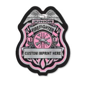 Imprinted Pink/Silver Jr Firefighter Plastic Clip-On Badge pink jr firefighter badge, silver fire badge, imprinted firefighter decal, fire safety giveaways, EMS promotional items, police community outreach, kids sticker badge, public education materials