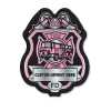 Imprinted Pink/Silver Member FD Plastic Clip-On Badge pink FD decal badge, silver fire department badge, imprinted firefighter badge, fire safety giveaways, EMS promotional items, police community outreach, kids sticker badge, public education materials