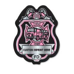 Imprinted Pink/Silver Member FD Plastic Clip-On Badge pink FD decal badge, silver fire department badge, imprinted firefighter badge, fire safety giveaways, EMS promotional items, police community outreach, kids sticker badge, public education materials