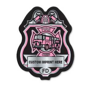 Imprinted Pink/Silver Member FD Plastic Clip-On Badge pink FD decal badge, silver fire department badge, imprinted firefighter badge, fire safety giveaways, EMS promotional items, police community outreach, kids sticker badge, public education materials