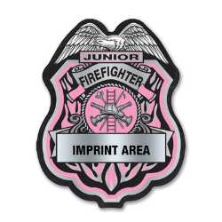 Imprinted Pink and Silver Jr Firefighter Sticker Badge imprinted jr firefighter badge, pink firefighter sticker, silver fire department badge, custom fire dept giveaway, kids fire safety badge, EMS community outreach, police event giveaways, sticker badge for children, public education materials
