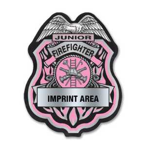 Imprinted Pink and Silver Jr Firefighter Sticker Badge imprinted jr firefighter badge, pink firefighter sticker, silver fire department badge, custom fire dept giveaway, kids fire safety badge, EMS community outreach, police event giveaways, sticker badge for children, public education materials
