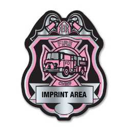 Imprinted Pink and Silver Member Fire Department Sticker Badge imprinted fire department badge, pink and silver fire badge, custom fire dept sticker, kids fire safety giveaway, EMS community outreach, police event giveaways, sticker badge for children, public education materials
