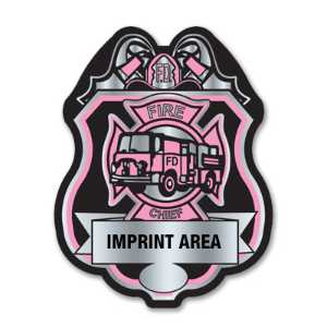 Imprinted Pink and Silver Member Fire Department Sticker Badge imprinted fire department badge, pink and silver fire badge, custom fire dept sticker, kids fire safety giveaway, EMS community outreach, police event giveaways, sticker badge for children, public education materials