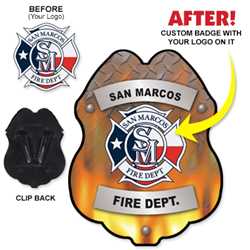 Imprinted Plastic Clip-On Badge - Submit Your Own Design firefighting, fire safety product, fire prevention, plastic fire badge, firefighting badge, custom badge, custom firefighter badge