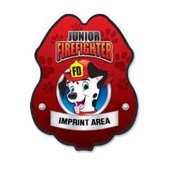 Imprinted Red Dalmatian Plastic Clip-On Badge dalmatian decal badge, red firefighter badge, imprinted fire safety badge, fire department giveaways, EMS promotional items, police community outreach, kids safety handouts, sticker badge giveaway, public education materials