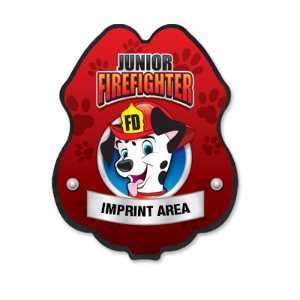 Imprinted Red Dalmatian Plastic Clip-On Badge dalmatian decal badge, red firefighter badge, imprinted fire safety badge, fire department giveaways, EMS promotional items, police community outreach, kids safety handouts, sticker badge giveaway, public education materials