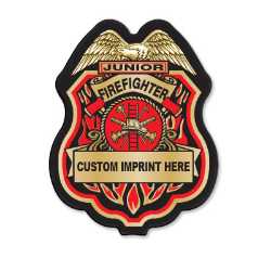 Imprinted Red/Gold Jr Firefighter Plastic Clip-On Badge ?? Meta Tag Keywords jr firefighter badge, red gold fire badge, imprinted firefighter decal, fire safety giveaways, EMS promotional items, police community outreach, kids sticker badge, public education materials