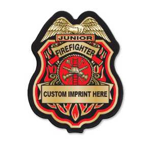 Imprinted Red/Gold Jr Firefighter Plastic Clip-On Badge ?? Meta Tag Keywords jr firefighter badge, red gold fire badge, imprinted firefighter decal, fire safety giveaways, EMS promotional items, police community outreach, kids sticker badge, public education materials