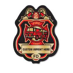 Imprinted Red/Gold Member FD Plastic Clip-On Badge fire department decal badge, red gold FD badge, imprinted firefighter badge, fire safety giveaways, EMS promotional items, police community outreach, kids sticker badge, public education materials