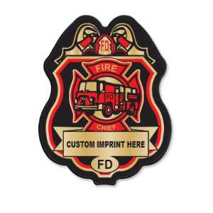 Imprinted Red/Gold Member FD Plastic Clip-On Badge fire department decal badge, red gold FD badge, imprinted firefighter badge, fire safety giveaways, EMS promotional items, police community outreach, kids sticker badge, public education materials
