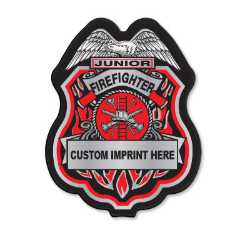 Imprinted Red/Silver Jr Firefighter Plastic Clip-On Badge jr firefighter badge, red silver fire badge, imprinted firefighter decal, fire safety giveaways, EMS promotional items, police community outreach, kids sticker badge, public education materials