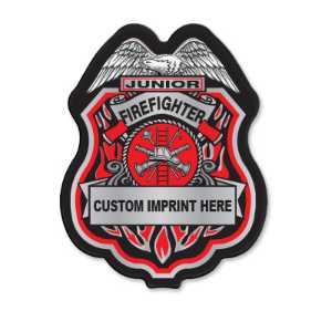 Imprinted Red/Silver Jr Firefighter Plastic Clip-On Badge jr firefighter badge, red silver fire badge, imprinted firefighter decal, fire safety giveaways, EMS promotional items, police community outreach, kids sticker badge, public education materials