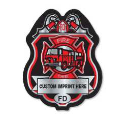 Imprinted Red/Silver Member FD Plastic Clip-On Badge fire department decal badge, red silver FD badge, imprinted firefighter badge, fire safety giveaways, EMS promotional items, police community outreach, kids sticker badge, public education materials