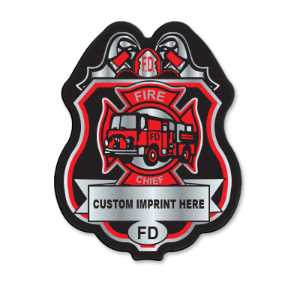 Imprinted Red/Silver Member FD Plastic Clip-On Badge fire department decal badge, red silver FD badge, imprinted firefighter badge, fire safety giveaways, EMS promotional items, police community outreach, kids sticker badge, public education materials