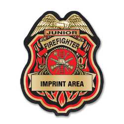 Imprinted Red and Gold Jr Firefighter Sticker Badge  red and gold firefighter badge, jr firefighter sticker badge, custom fire department badge, EMS community outreach, police department giveaways, kids fire safety items, public-education handouts, fire prevention week supplies