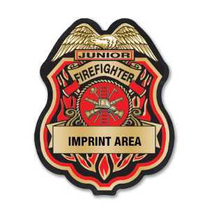 Imprinted Red and Gold Jr Firefighter Sticker Badge  red and gold firefighter badge, jr firefighter sticker badge, custom fire department badge, EMS community outreach, police department giveaways, kids fire safety items, public-education handouts, fire prevention week supplies