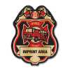 Imprinted Red and Gold Member Fire Department Sticker Badge imprinted fire department badge, red and gold fire badge, custom fire dept sticker, kids fire safety giveaway, EMS community outreach, police event giveaways, sticker badge for children, public education materials