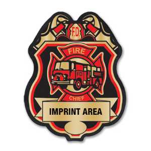 Imprinted Red and Gold Member Fire Department Sticker Badge imprinted fire department badge, red and gold fire badge, custom fire dept sticker, kids fire safety giveaway, EMS community outreach, police event giveaways, sticker badge for children, public education materials