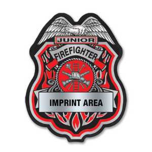 Imprinted Red and Silver Jr Firefighter Sticker Badge jr firefighter sticker badge, red and silver badge, fire department giveaways, EMS promotional items, police community outreach, kids safety handouts, public education giveaways