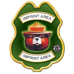 Imprinted Smokey Bear Green and Yellow Plastic Decal Badge firefighting, fire safety product, fire prevention, smokey, smokey bear, clip-on badge, badge, bear, imprinted, department name