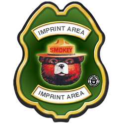 Imprinted Smokey Bear Green and Yellow Sticker Badge firefighting, fire safety product, fire prevention, smokey, smokey bear, sticker badge, badge, sticker, bear, Imprinted, custom