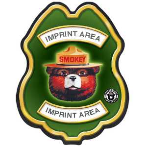 Imprinted Smokey Bear Green and Yellow Sticker Badge firefighting, fire safety product, fire prevention, smokey, smokey bear, sticker badge, badge, sticker, bear, Imprinted, custom