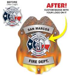Imprinted Sticker Badge - Submit Your Design firefighting, fire safety product, fire prevention, plastic fire badge, firefighting badge, custom badge, custom firefighter badge