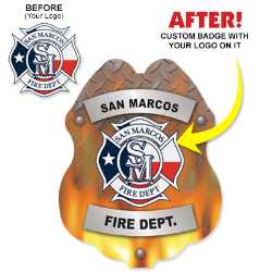 Imprinted Sticker Badge - Submit Your Design firefighting, fire safety product, fire prevention, plastic fire badge, firefighting badge, custom badge, custom firefighter badge