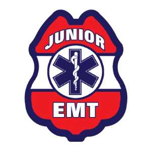 Jr. EMT Red, White & Blue Sticker Badge jr EMT sticker badge, red white blue EMT badge, EMS kids giveaway, fire department promotional items, police community outreach, emergency preparedness badge, sticker badge for kids, public education materials
