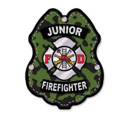 Jr FF Army Green Camo Sticker Badge firefighter badge, kids firefighter badge, junior firefighter badge, patriotic firefighter badge, fire safety products, fire fighting, fire prevention